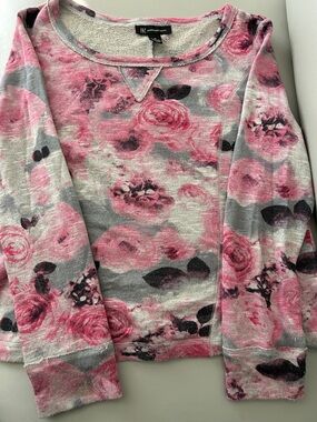 INC International Concepts Pink and Gray Roses Floral Knit Pullover